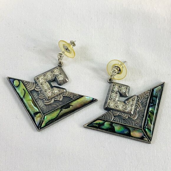 Vintage 80’s Richard NURI Pewter Earrings w/ Abalone Inlay Art Deco Style - Picture 3 of 7